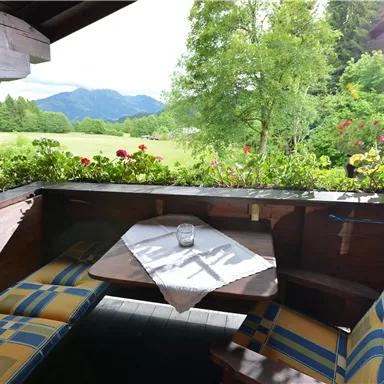 A cozy terrace with seating and a table. In the background, green meadows and mountains can be seen.