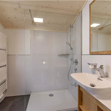 Ein modernes Badezimmer mit einer gläsernen Dusche und einem geräumigen Waschbecken. Die Wände sind weiß gefliest und die Decke ist aus Holz.