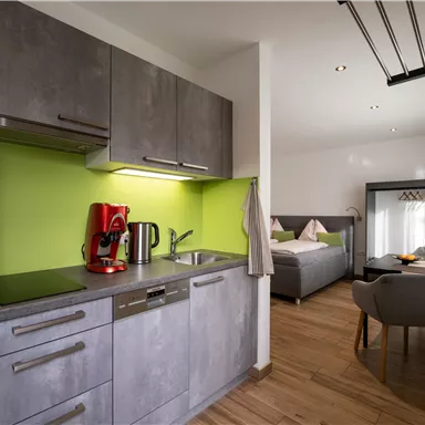 Eine moderne Küchenzeile mit grauen Schränken und grüner Wandverkleidung. Im Hintergrund ist ein gemütlicher Wohnbereich mit einem Bett und einem Sessel zu sehen.