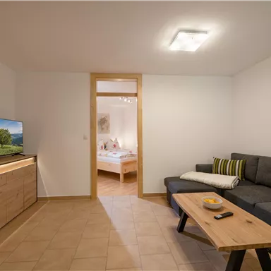 Ein modernes Wohnzimmer mit einem bequemen Sofa und einem Fernseher. Im Hintergrund ist ein Schlafzimmer sichtbar.