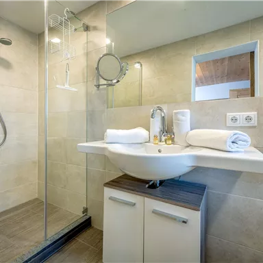 Ein modernes Badezimmer mit einer Duschkabine und einem stilvollen Waschbecken. Die Wände sind in neutralen Farbtönen gehalten.