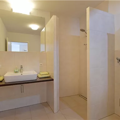 Ein modernes Badezimmer mit einer Dusche und einem Waschbecken. Grüne Handtücher sind ordentlich auf dem Waschbeckenregal platziert.