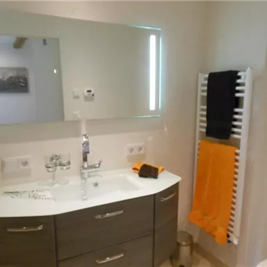 A modern bathroom with a large mirror and an elegant sink. Towels in bold colors hang on a towel rack.