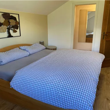 Ein gemütliches Schlafzimmer mit einem Doppelbett und karierten Bettwäsche. Im Hintergrund ist ein Spiegel und eine Tür sichtbar.