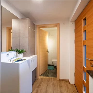 A modern entrance area with light wood and an elegant table. The walls are in neutral colors, and a plant provides a fresh accent.