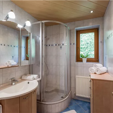 A modern bathroom with a shower and large mirrors. The walls are tiled, and there is a windowsill with a plant.