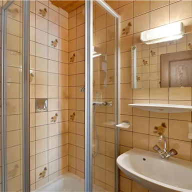 A small bathroom with a shower, a sink, and a mirror. The walls are decorated with beige tiles and floral patterns.