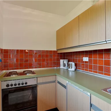 A modern kitchen with wooden cabinets and a red tiled wall. It is equipped with a stove, a sink, and a kettle.