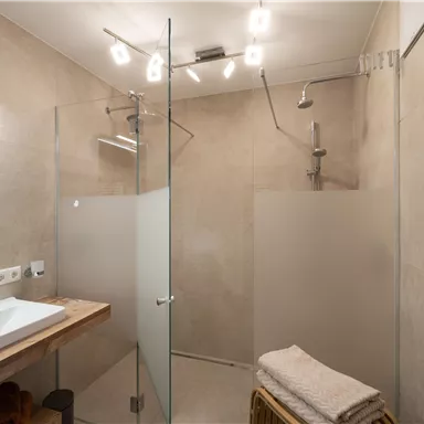 A modern bathroom with a glass shower and an elegant sink. The room features a bright, neutral color scheme and pleasant lighting.