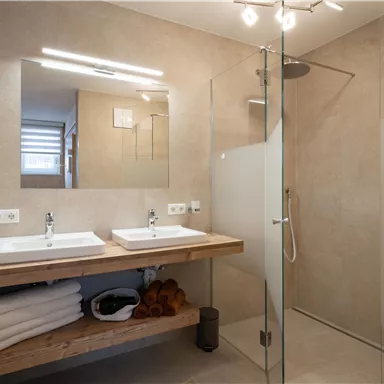 A modern bathroom with a double sink and a glass shower. The walls are in neutral tones, and folded towels are visible in the background.
