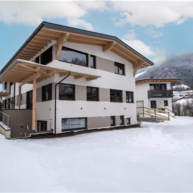 Modern houses in a snowy environment with mountains in the background. The sky is clear and blue.