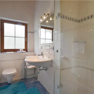 A modern bathroom with a shower, a sink, and a window. The floor is covered with a blue carpet.
