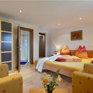 A cozy room with a double bed and two comfortable armchairs. The amenities include a modern shower and pleasant lighting.