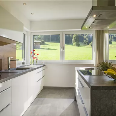 A modern kitchen with large windows and a view of a green landscape. The colorful fruit bowl on the countertop complements the elegant design.