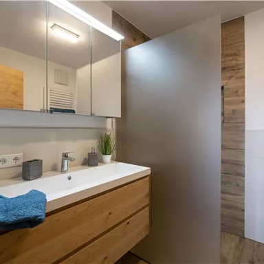 A modern bathroom with wooden shelves and a stylish sink. The clear partition ensures privacy and the minimalist design creates a relaxed atmosphere.