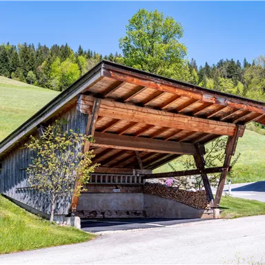A modern wooden garage with a sloped roof stands in a green landscape. In the background, gentle hills and trees can be seen.