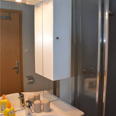 A modern bathroom with a sink, a mirror, and a shower cubicle. The lighting is bright and the walls are painted in neutral colors.
