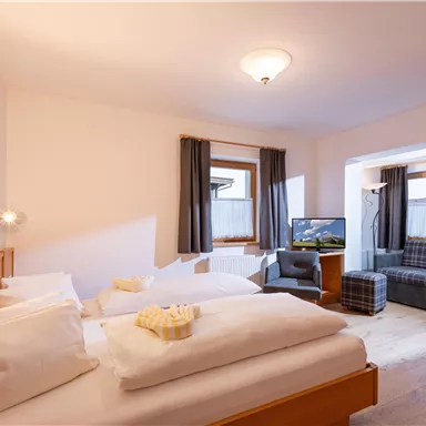 Ein gemütliches Hotelzimmer mit einem Doppelbett, einem Fernseher und einer Sitzecke. Helle Wände und große Fenster sorgen für eine freundliche Atmosphäre.