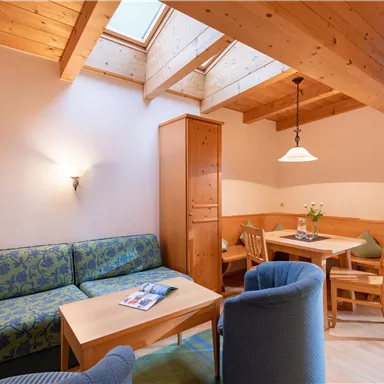 Eine gemütliche Ferienwohnung mit Holzdecken und großen Fenstern. Es gibt eine Sitzecke mit Sofa und einen Essbereich aus Holz.