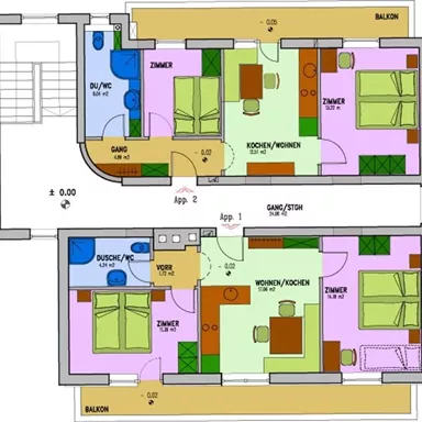 Eine farbige Grundrisszeichnung von zwei Wohnungen. Die Räume sind klar gekennzeichnet, einschließlich Schlafzimmer, Wohnzimmer und Badezimmer.