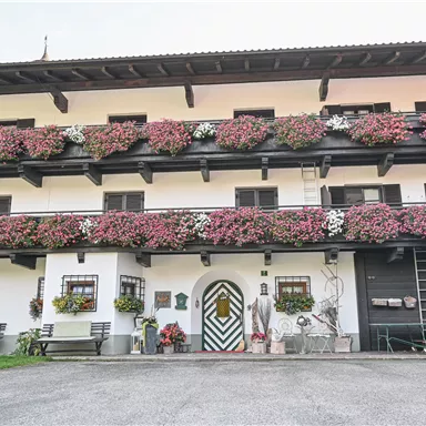 A traditional house with beautiful flower boxes on the balconies. The facade is inviting and displays rural charm.