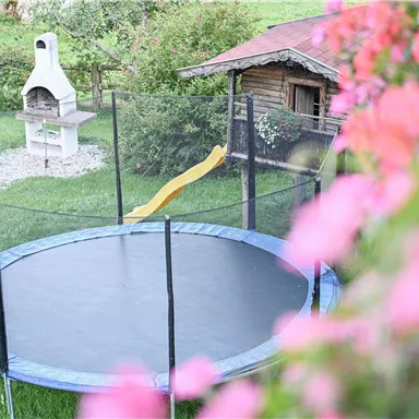 A trampoline with a yellow slide is located in a green garden. In the background, a wooden house and a grill can be seen.