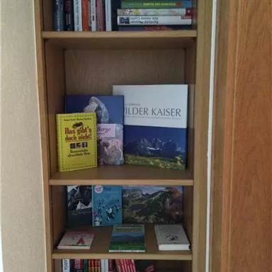 A bookshelf with multiple shelves, filled with various books. Some books are larger, while others are smaller and of different colors.