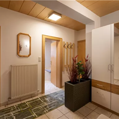 A bright entrance area with modern furniture and a large mirror. The floor is tiled, and a plant box creates an inviting atmosphere.