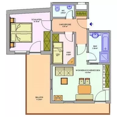 Eine Grundrissskizze einer Wohnung mit zwei Schlafzimmern, einem Badezimmer und einem Wohn-/Essbereich. Der Balkon ist ebenfalls eingezeichnet.