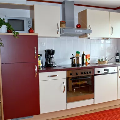 Modern kitchen with white and red cabinets. There is a refrigerator, a stove, and a microwave, as well as some plants and cooking utensils.