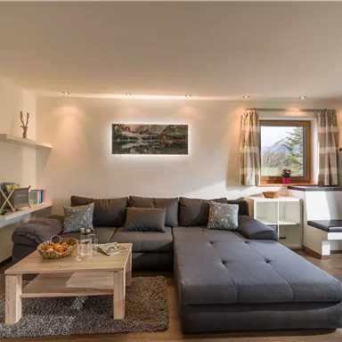 A cozy living room with a large gray sofa and a wooden coffee table. Daylight is streaming through the window, and there are plants and decorations on the walls.