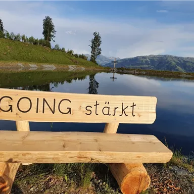 Eine Holzbank mit der Aufschrift "GOING stärkt" steht am Ufer eines ruhigen Sees. Im Hintergrund sind grüne Wiesen und Berge zu sehen.