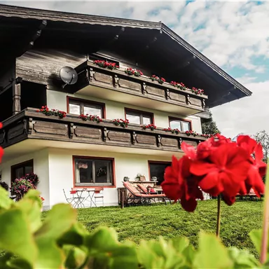 Ein charmantes Haus mit Holzverkleidung und mehreren Balkonen. Vor dem Haus blühen rote Blumen in einer grünen Wiese.