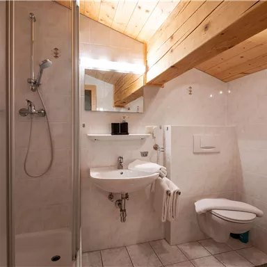 A modern bathroom with a wooden ceiling and bright tiles. It includes a shower, a sink, and a toilet.