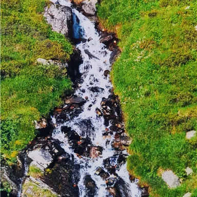 Ein kleiner Wasserfall fließt über Felsen und grüne Wiesen. Die klare Strömung und die umliegende Natur wirken erfrischend und einladend.