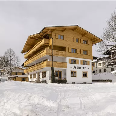 A beautiful wooden house in the snow, surrounded by trees. The facade is bright and inviting, ideal for a winter vacation.