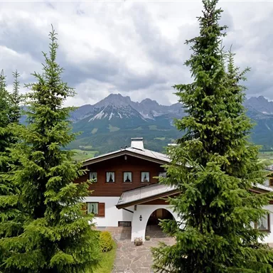 Ein schönes Haus umgeben von hohen Tannenbäumen. Im Hintergrund sind beeindruckende Berge und ein bewölkter Himmel zu sehen.