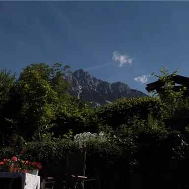 A picturesque mountain landscape under a blue sky, surrounded by lush greenery. In the foreground, there is a terrace with flowers.
