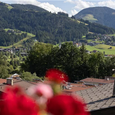 A picturesque mountain landscape with green hills and a clear sky. In the foreground, blooming flowers and the roofs of houses can be seen.<br/>Shows the view of Ellmau from the balcony.