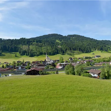 Eine malerische Landschaft mit grünen Wiesen und einem kleinen Dorf im Tal. Im Hintergrund sind sanfte Hügel und Bäume zu sehen.