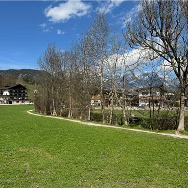 A picturesque landscape with green grass and scattered trees. Traditional buildings and mountains can be seen in the background.