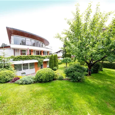 A modern house with a large, well-kept green area and fruit-bearing trees. The architecture of the house is unique and harmonizes with nature.