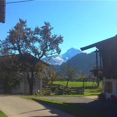 A picturesque landscape with mountains in the background. In the foreground, traditional houses and trees can be seen.