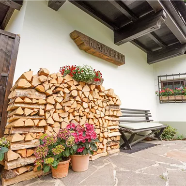 A cozy entrance area with a wood stack, blooming plants, and an inviting bench. The facade of the house is designed in a friendly manner and exudes rural charm.