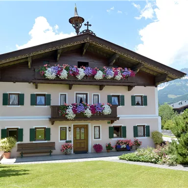 A traditional house with blooming balcony boxes and a beautiful garden landscape. In the background, mountains and a blue sky are visible.