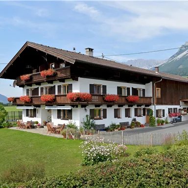 A cozy alpine house with flower boxes and a beautiful garden. In the background, there are tall mountains and a clear sky.