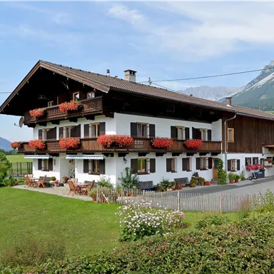 A rustic house in the Alps with blooming balconies. In the background, majestic mountains and a green meadow can be seen.