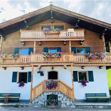 A typical alpine wooden house with a beautiful balcony and colorful flowers. In the foreground, there are benches visible and the surroundings are green.