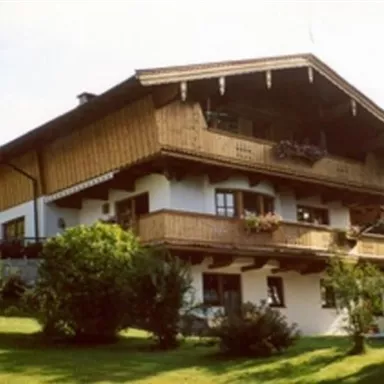A traditional country house with wooden cladding and balconies. It is located in a green environment with trees and bushes.