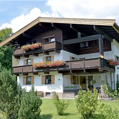 A lovely building in the local style with balconies and flower boxes. Surrounded by green meadows and trees.